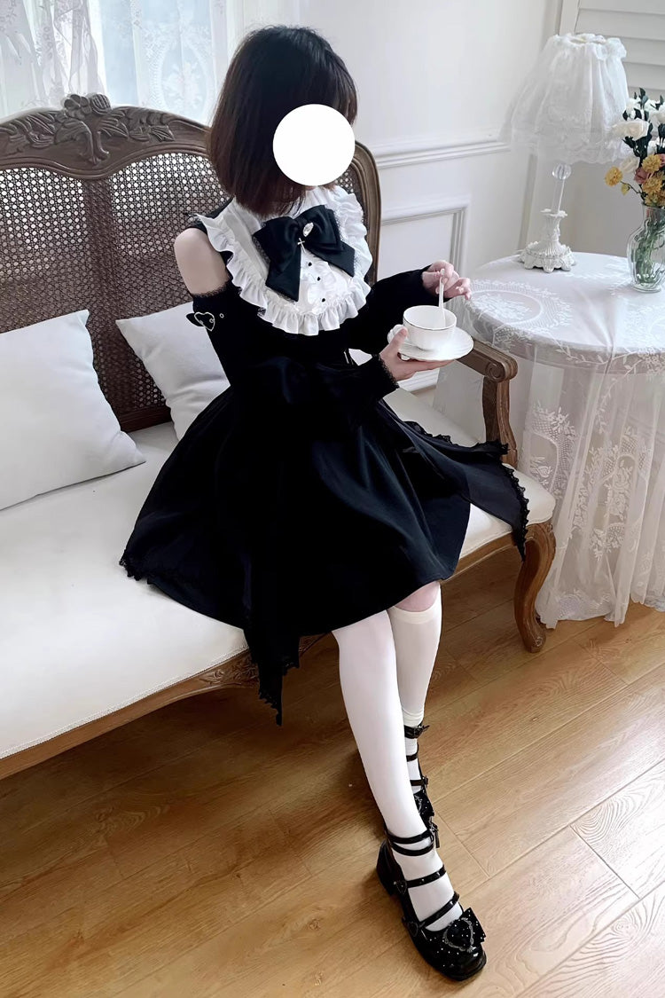Black/White Stand Collar Off Shoulder Long Sleeves Ruffled Bow Lace Gothic Jirai Kei Japanese Lolita Dress - Product - 3