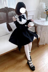 Black/White Stand Collar Off Shoulder Long Sleeves Ruffled Bow Lace Gothic Jirai Kei Japanese Lolita Dress - Product - 3