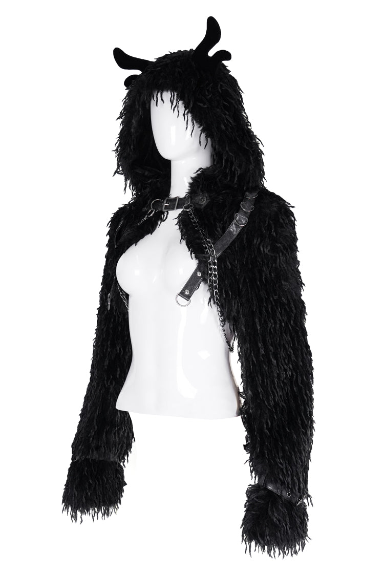 Black Long Sleeves Hooded Women's Gothic Chain Buckle-up Horn Cape - Product - 10