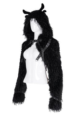 Black Long Sleeves Hooded Women's Gothic Chain Buckle-up Horn Cape - Product - 10