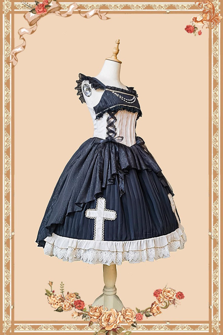 Black Eternal Life Song Print Cross Embroidery Sleeveless Ruffle Gothic Lolita Dress - Product - 8