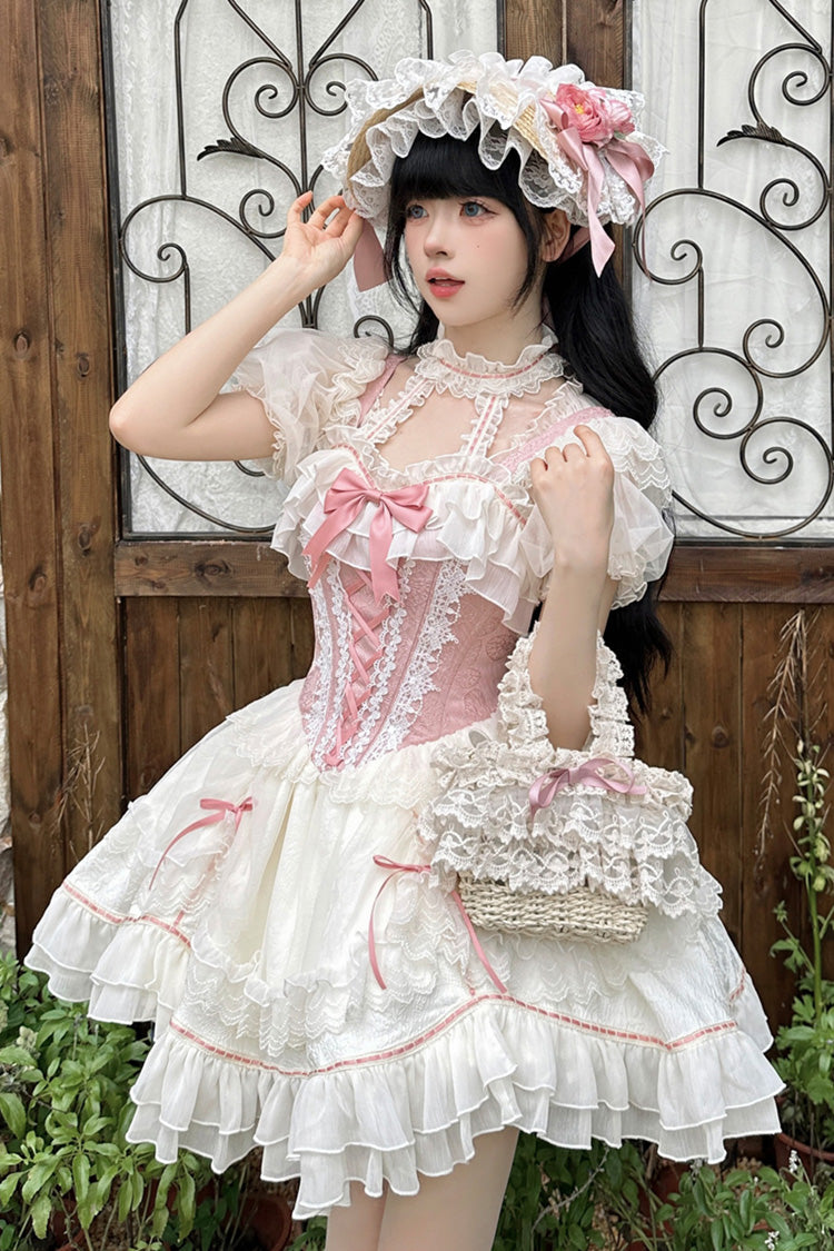 White/Pink Secret Garden Multi-layer Ruffle Bowknot Lace-Up Sweet Princess Lolita Jsk Dress - White/Pink - 1