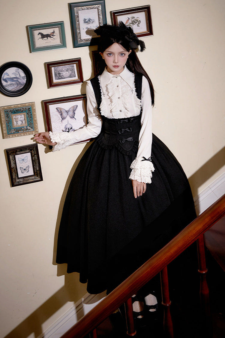 Black [Silent Words] Ruffle Bowknot Classic Lolita Jsk Push-Up Dress - Product - 11