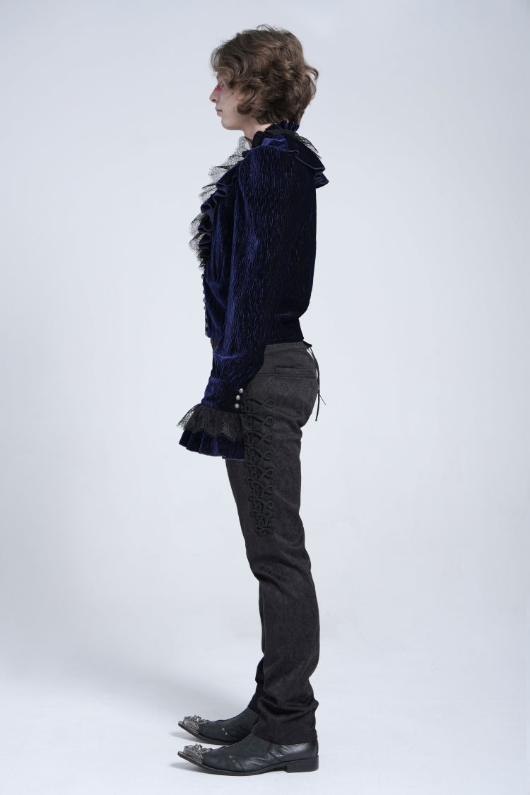 Blue V Collar Long Sleeves Ruffle Stitching Lace Men's Gothic Blouse - Product - 6