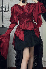 [Echoes of the Deep Sea] Long Hime Sleeves Ruffled Bow Lace-Up Gothic Ouji Lolita Blouse 4 Colors - Product - 10