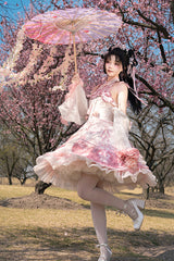 Pink [Flower Feast] Multi-Layered Print Ruffle Bowknot Sweet Chinese Style Lolita Jsk Dress - Product - 4