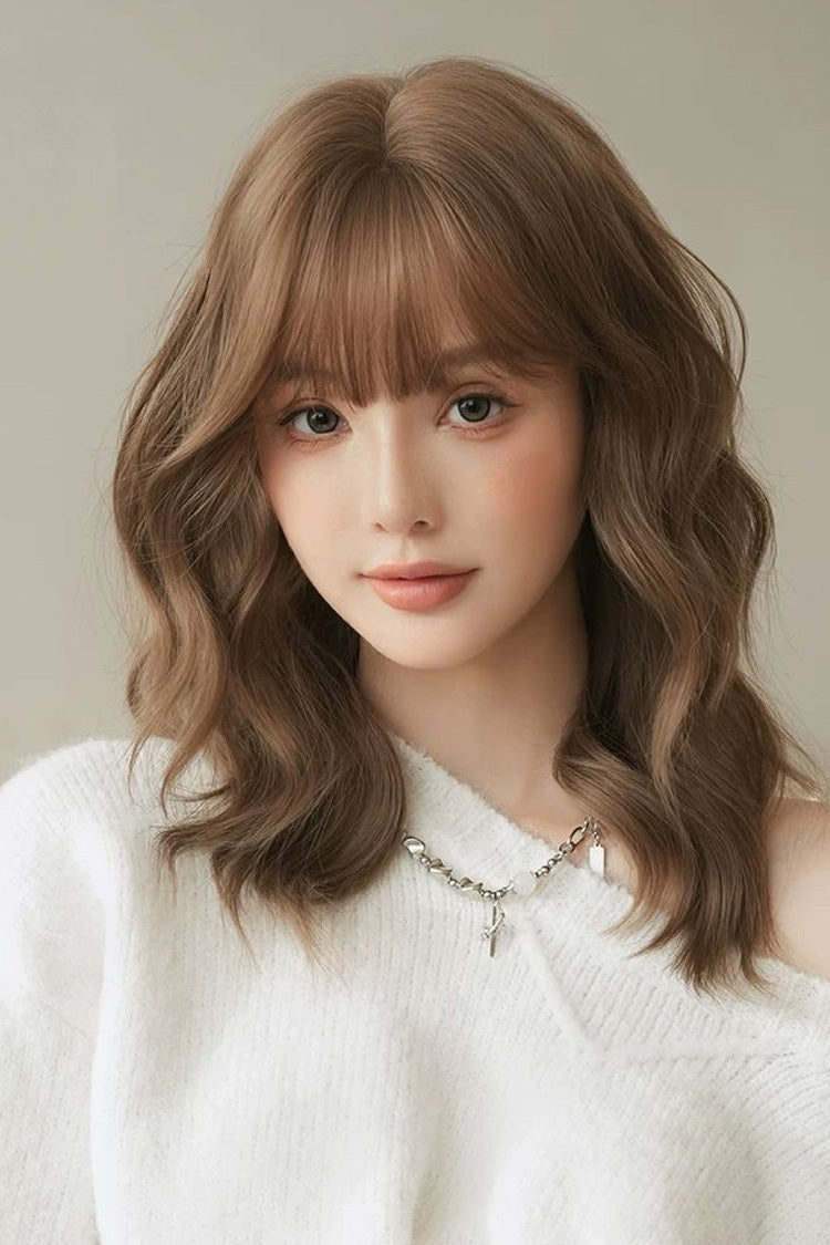 Caramel Warm Brown Korean Wool Curly Sweet Lolita Wig with Full Air Bangs - Product - 2