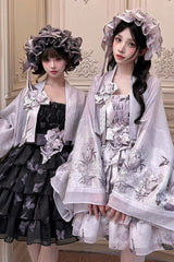 [Stained Glass Dream] Square Collar Sleeveless High Waisted Multi-Layered Printed Ruffled Bow Gothic Lolita Jsk Dress 2 Colors(Black/Purple, White/Purple) - Product - 5