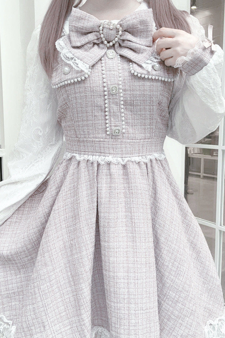 Grey/Pink Long Sleeves Bowknot Lace Pearl Sweet Jirai Kei Dress - Product - 7