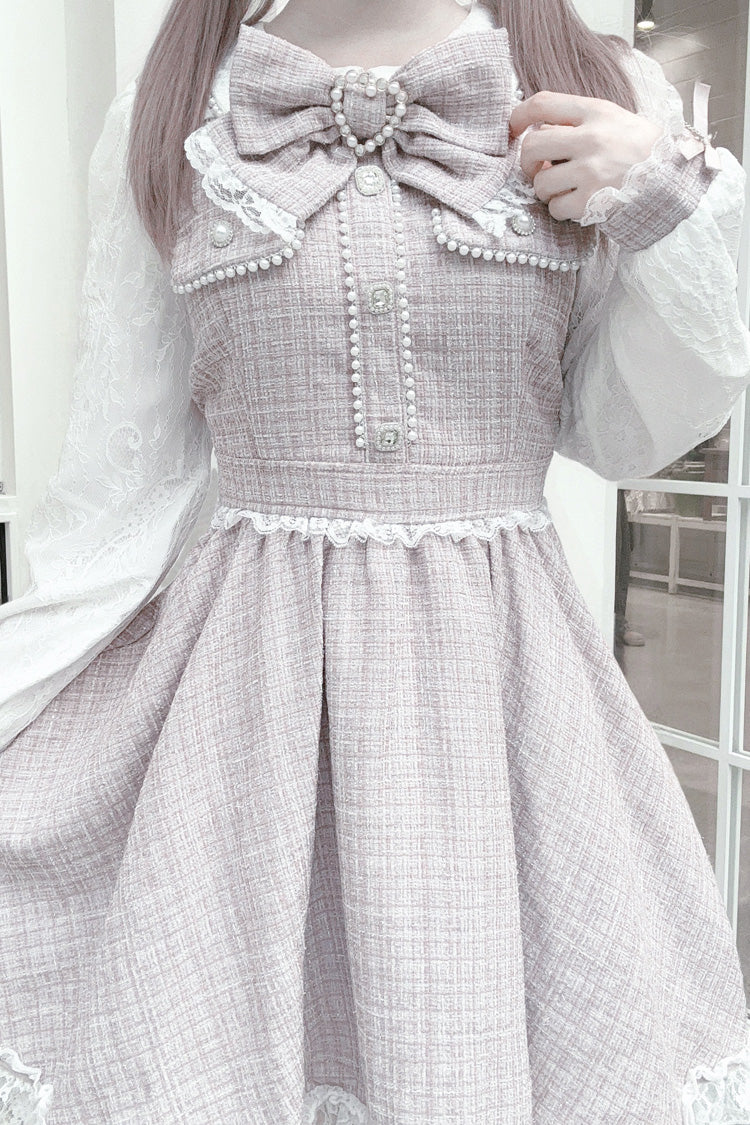 Grey/Pink Long Sleeves Bowknot Lace Pearl Sweet Jirai Kei Dress - Product - 7