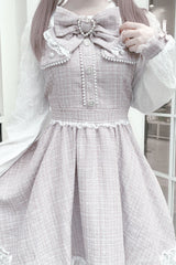 Grey/Pink Long Sleeves Bowknot Lace Pearl Sweet Jirai Kei Dress - Product - 7