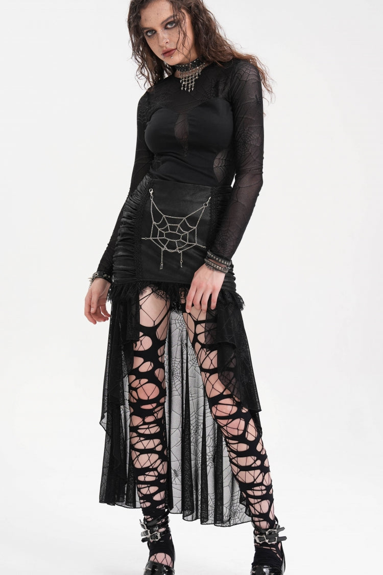 Black Chain Lace Irregular Hem Mesh Women's Gothic Skirt - Product - 8