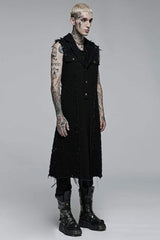 Black V Collar Sleeveless Ripped Mens Steampunk Long Vest - Product - 2