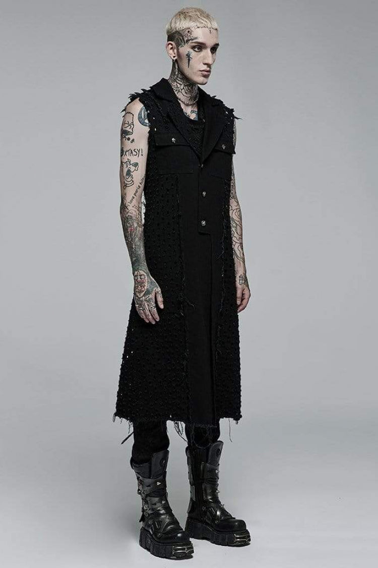 Black V Collar Sleeveless Ripped Mens Steampunk Long Vest - Product - 2