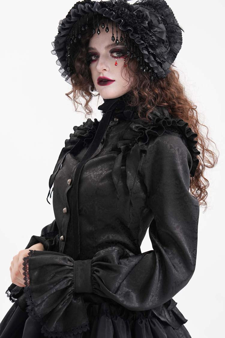 Black Long Sleeves Print Ruffle Lace Women's Gothic Blouse - Product - 3