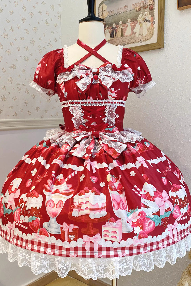Red [Strawberry Parfait] Print Short Sleeves Ruffle Bowknot Lace Lace-Up Sweet Lolita Dress - Product - 3