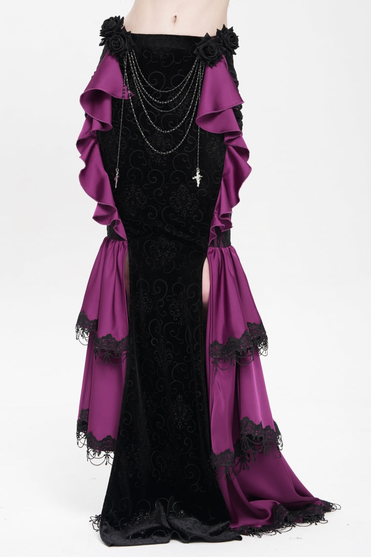Purple Floral Print Lace-Up Rose Chain Women's Gothic Fishtail Skirt - Product - 5