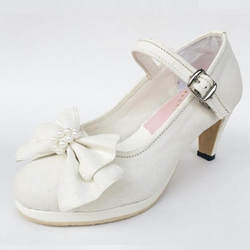 White Pearl Bowknot High Heel Classic Lolita Shoes - Product - 3