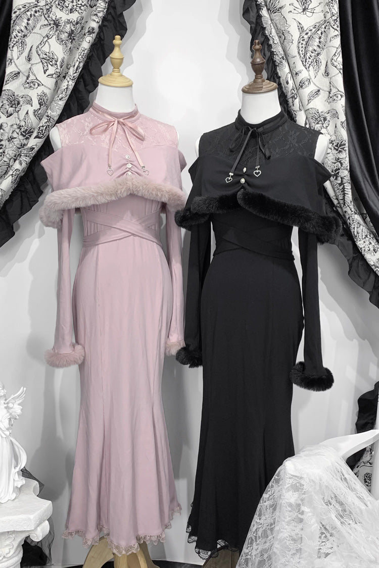 Jirai Kei Stand Collar Off Shoulder Long Sleeves Embroidered Lace Sweet Japanese Fishtail Dress 2 Colors - Black - 1