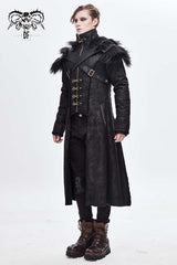 Black Stand Up Collar Shoulder Fur Cape Front Metal Hasp Chest Loops Long Fur Men's Punk Coat - Product - 4
