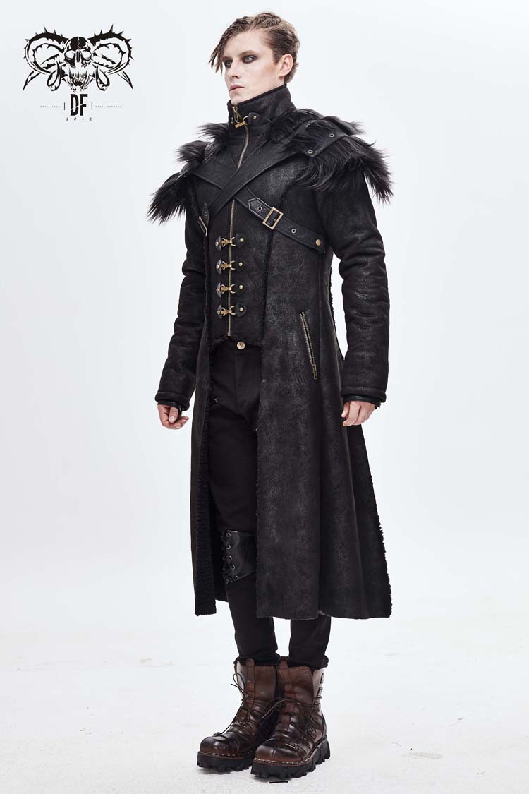 Black Stand Up Collar Shoulder Fur Cape Front Metal Hasp Chest Loops Long Fur Men's Punk Coat - Product - 4
