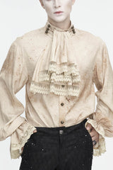 Apricot Stand Collar Puff Sleeved Men's Gothic Shirt With Necktie - Apricot - 1