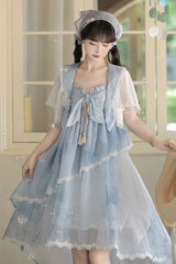 Blue [Clouds Resting in the Wilderness] Print Ruffle Embroidery Bowknot Lace Irregular Lolita Jsk Dress - Product - 13