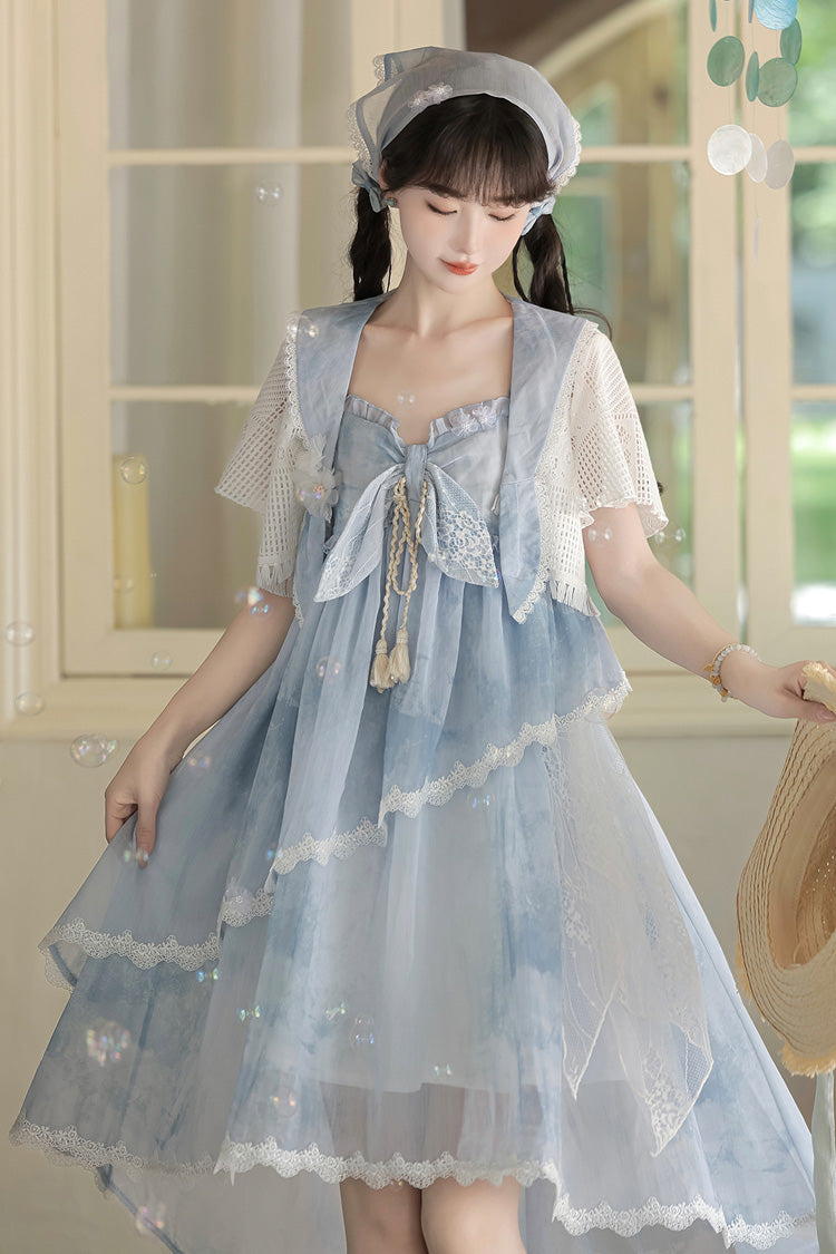 Blue [Clouds Resting in the Wilderness] Print Ruffle Embroidery Bowknot Lace Irregular Lolita Jsk Dress - Product - 13