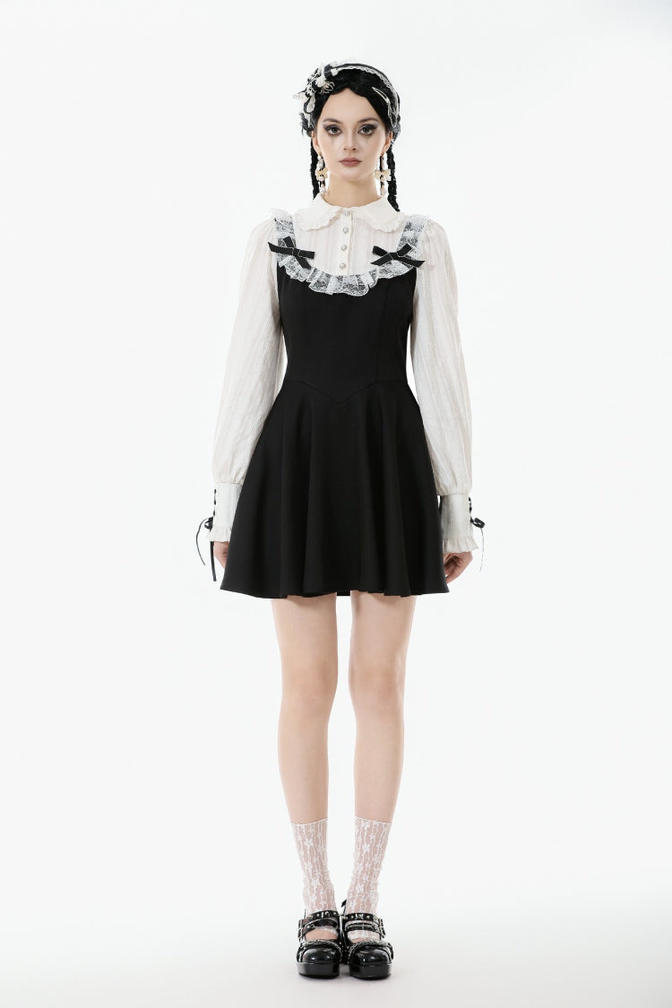 Black/White Faux Two-Piece Doll Collar Long Sleeves Lace-Up Women's Lolita Gothic Graduation Dress - Product - 5