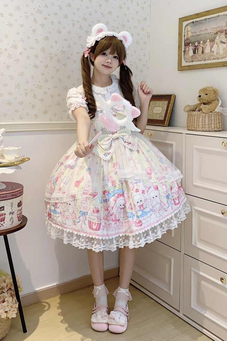 Yellow [Cute Rabbit Sweet Cake] Print Ruffle Bowknot Lace Sweet Lolita Jsk Dress - Product - 7
