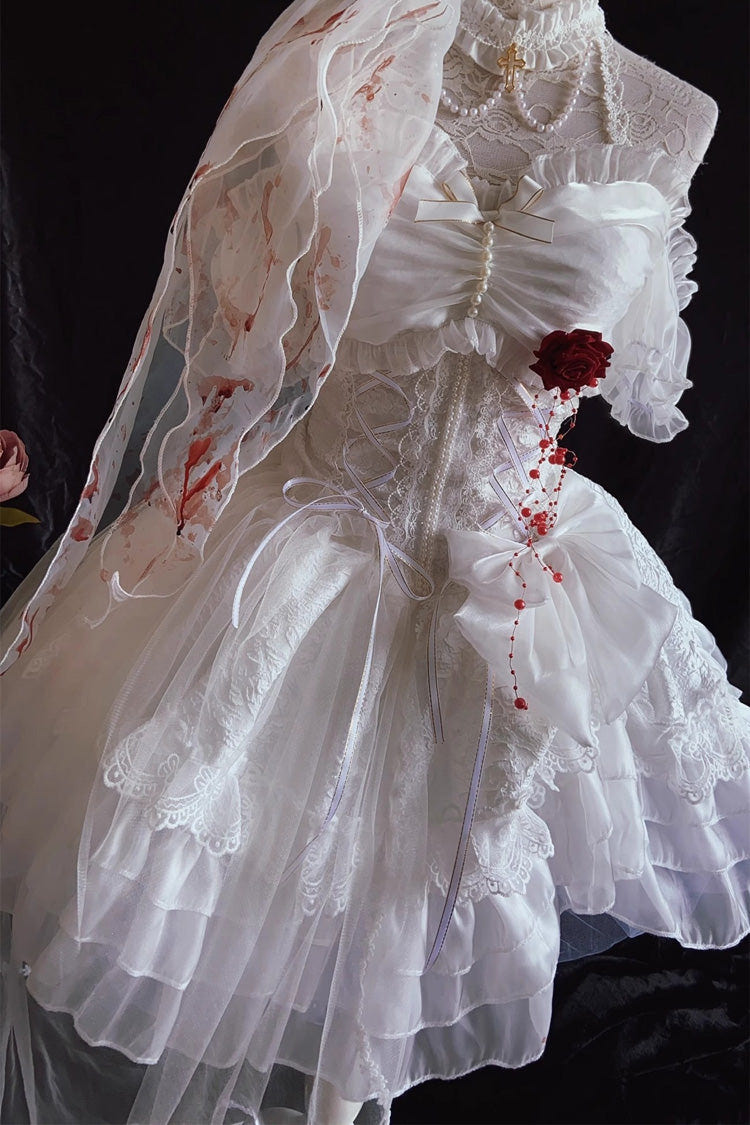 White [Blood Kiss Bride] Halterneck Multi-Layered Ruffle Hanayome Bowknot Lace Gothic Lolita Jsk Dress - Product - 3