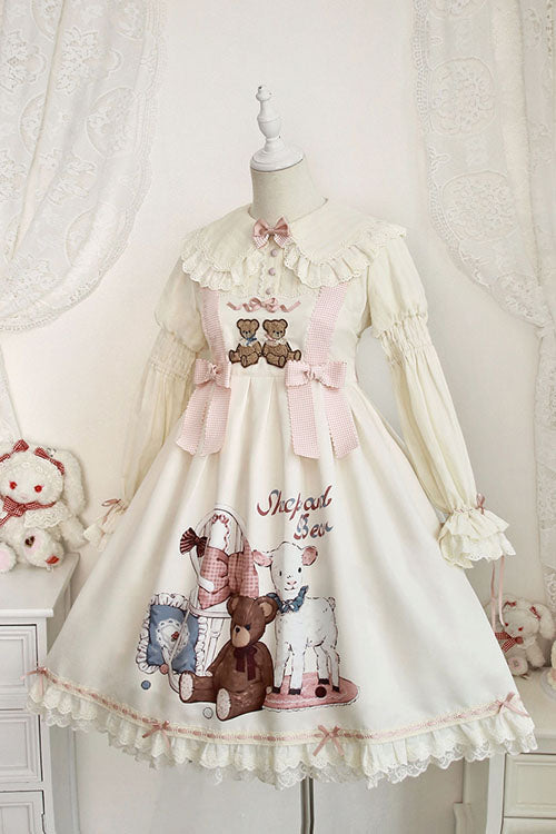 Ivory Sheep & Bear Print Alice Girl Bowknot Ruffled Sweet Lolita JSK Dress - Product - 2