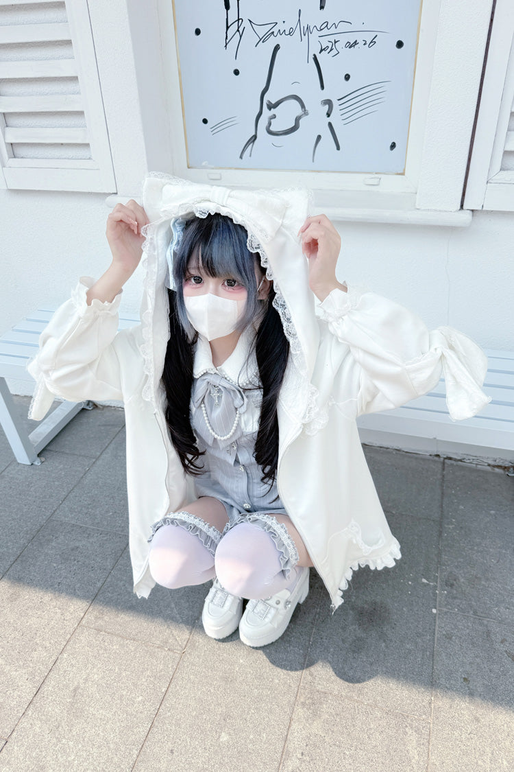 White Long Sleeves Cat Ears and Tail  Ruffle Bowknot Hooded Gothic Jirai Kei Coat - Product - 2