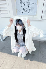 White Long Sleeves Cat Ears and Tail  Ruffle Bowknot Hooded Gothic Jirai Kei Coat - Product - 2
