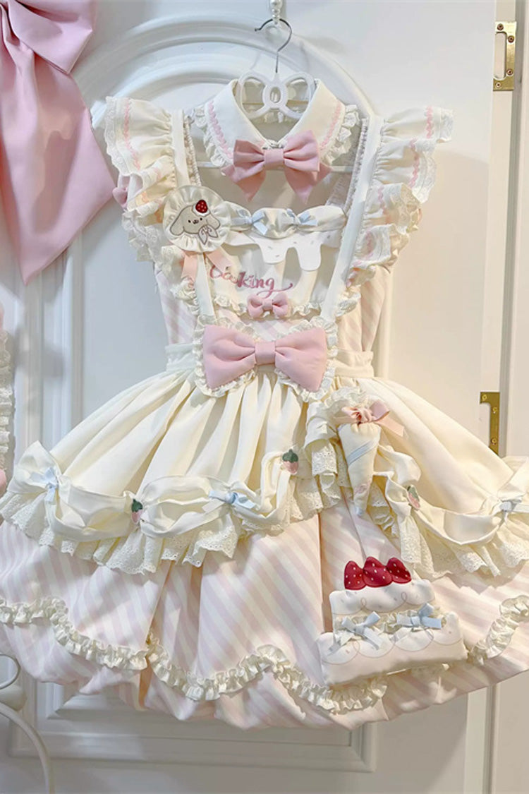 [Puppy Pastry Chef] Lapel Collar Printed Ruffled Embroidered Bow Lace Asymmetric Sweet Lolita Dress 3 Colors (Yellow, Blue, Pink) - Yellow - 6