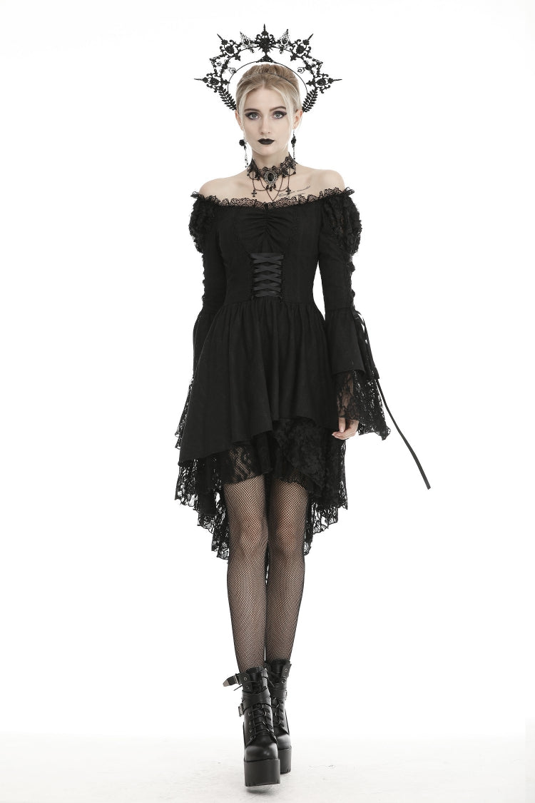 Black Off Shoulder Long Trumpet Puff Sleeves Lace-Up Strappy Mesh Women's Gothic Cocktail Dress - Product - 6