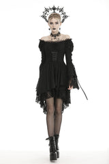 Black Off Shoulder Long Trumpet Puff Sleeves Lace-Up Strappy Mesh Women's Gothic Cocktail Dress - Product - 6