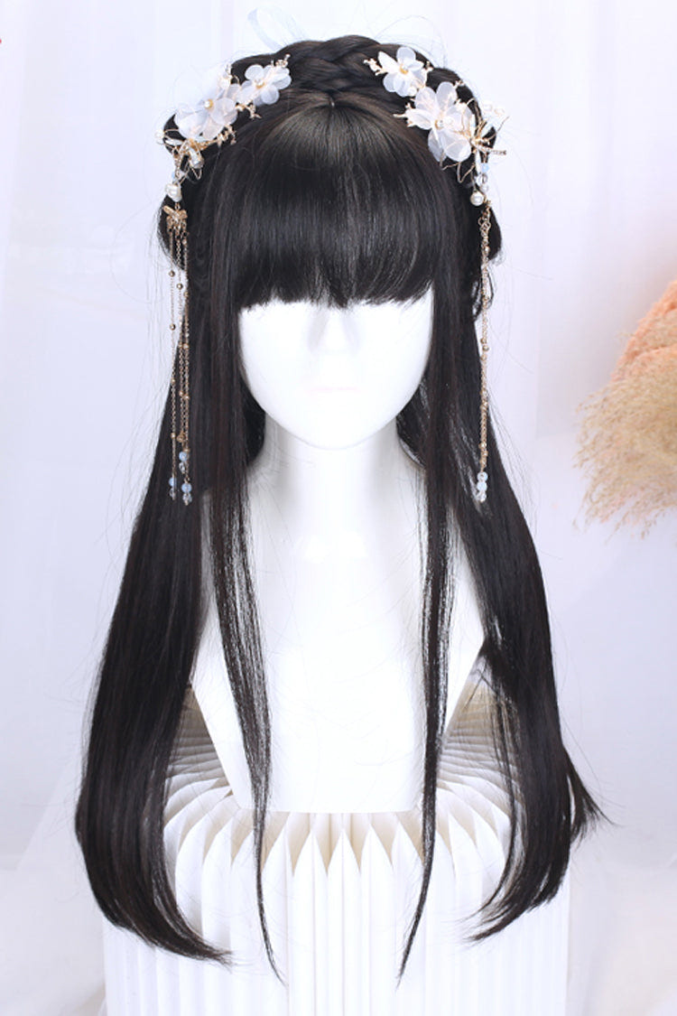 Retro Long Natural Ancient Full Headgear Hanfu Lolita Wig 2 Colors - Black - 1