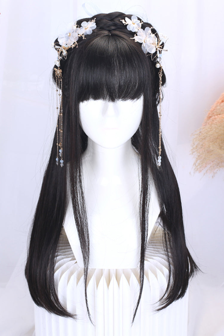 Retro Long Natural Ancient Full Headgear Hanfu Lolita Wig 2 Colors - Black - 1