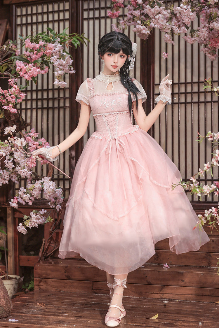 [Fragrance] Stand Collar Short Sleeves Multi-Layered Printed Ruffled Bow Lace Irregular Chinese Style Sweet Lolita Dress 2 Colors (Green, Pink) - Product - 7