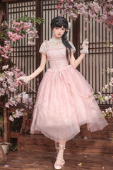 [Fragrance] Stand Collar Short Sleeves Multi-Layered Printed Ruffled Bow Lace Irregular Chinese Style Sweet Lolita Dress 2 Colors (Green, Pink) - Product - 7