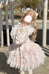 Pink [The Soloist Doll] Long Hime Sleeves Multi-Layered Print Ruffle Bowknot Asymmetric Sweet Lolita Dress - Product - 2