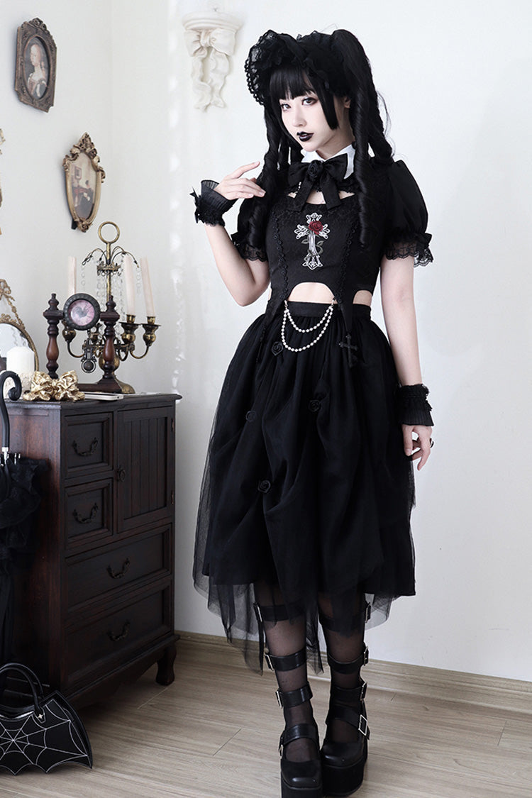 Black Rose Embroidered Cutout Top Irregular Short Sleeves Gothic Lolita Dress Set - Product - 7