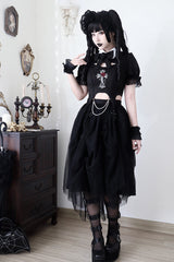 Black Rose Embroidered Cutout Top Irregular Short Sleeves Gothic Lolita Dress Set - Product - 7