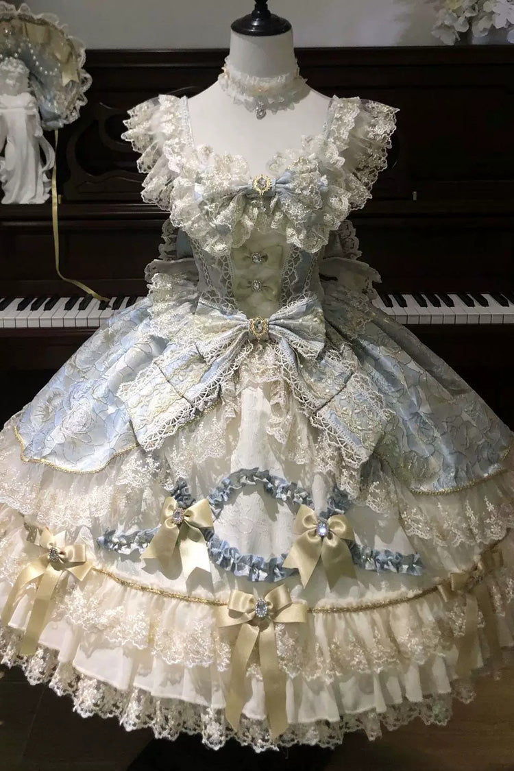 Blue [Gilded Waltz] Square Collar Sleeveless Printed Ruffled Embroidered Bow Lace Gorgeous Sweet Lolita Jsk Dress - Product - 3