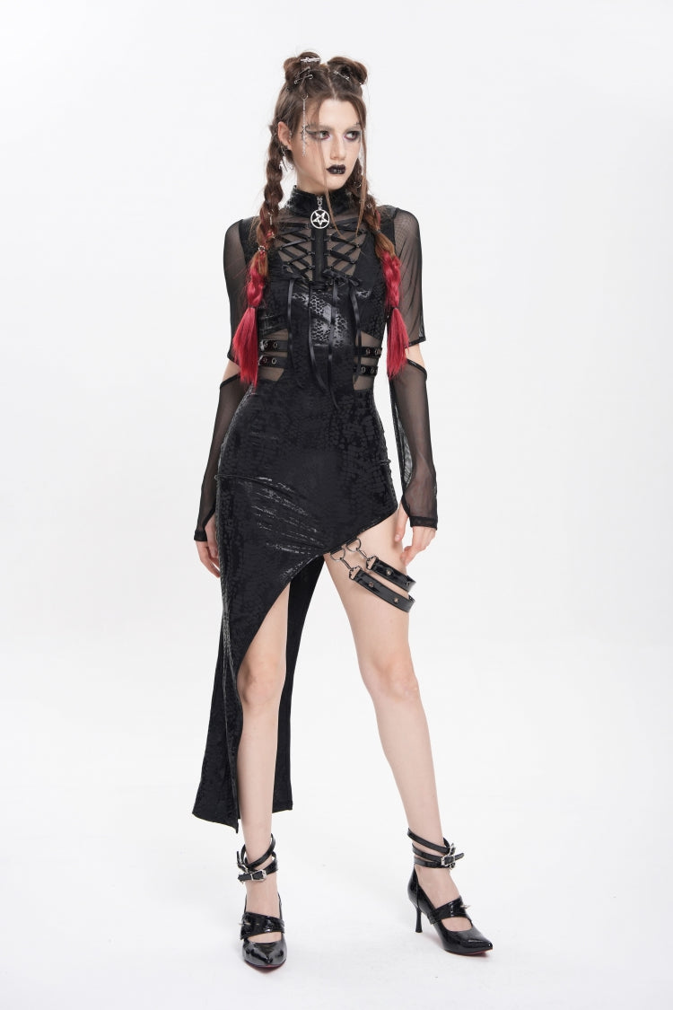 Black Stand Collar Long Sleeves Stitching Lace-Up Mesh Women's Punk Dress with Detachable Strap - Product - 8