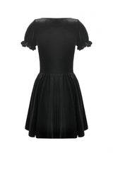 Black Square-Cut Collar Short Puff Sleeves Lace Patchwork Velvet Lace-Up Women's Gothic Vintage Dress - Product - 16