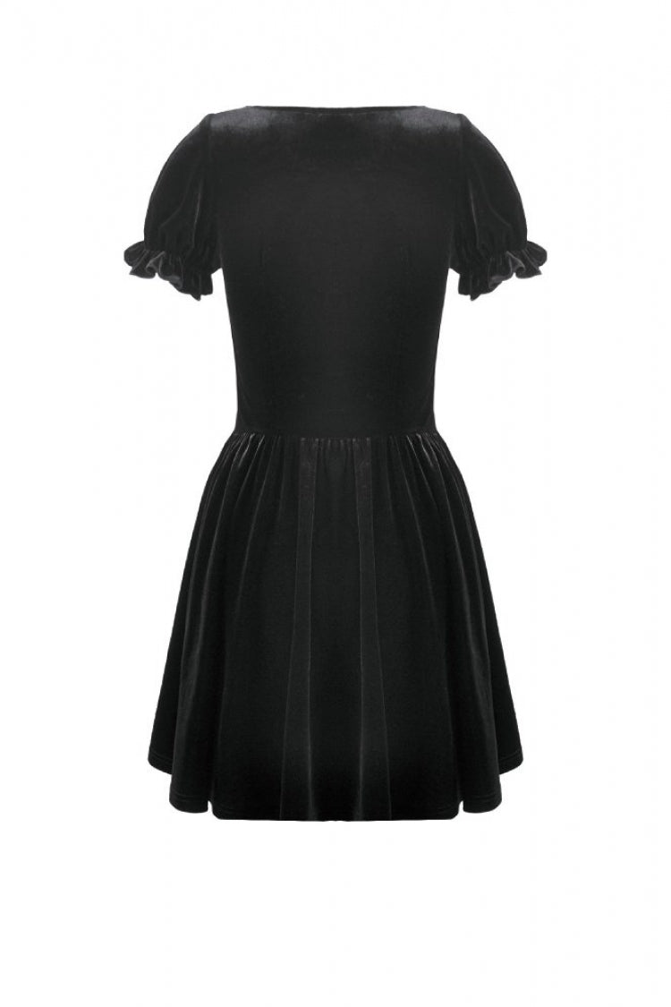 Black Square-Cut Collar Short Puff Sleeves Lace Patchwork Velvet Lace-Up Women's Gothic Vintage Dress - Product - 16