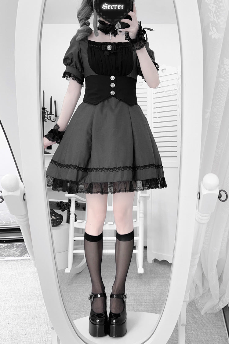 Black/Grey Short Sleeves Ruffle Bowknot Cross Waist Maid Sweet Japanese Lolita Dress Set - Product - 4