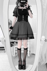 Black/Grey Short Sleeves Ruffle Bowknot Cross Waist Maid Sweet Japanese Lolita Dress Set - Product - 4